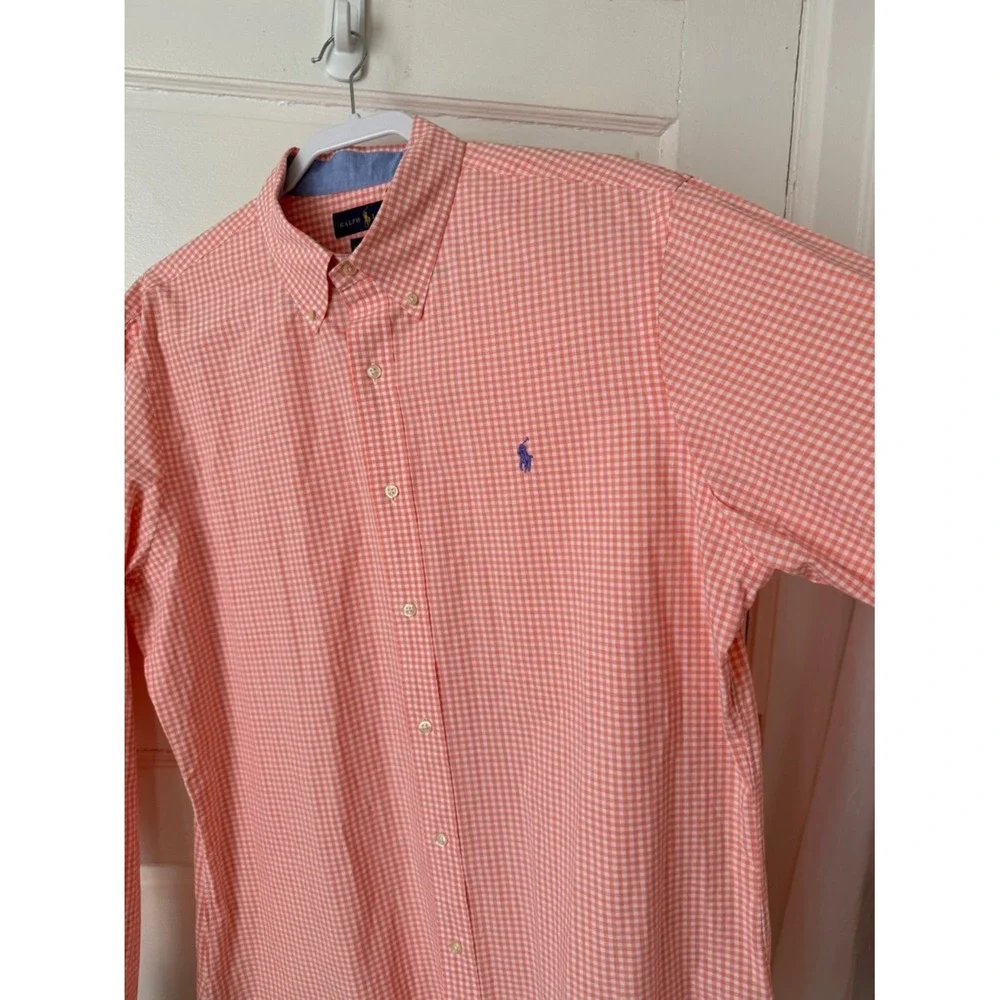 Ralph‎ Lauren Men's Button Down Shirt Orange Gingham Checkered Slim Fit Stretch